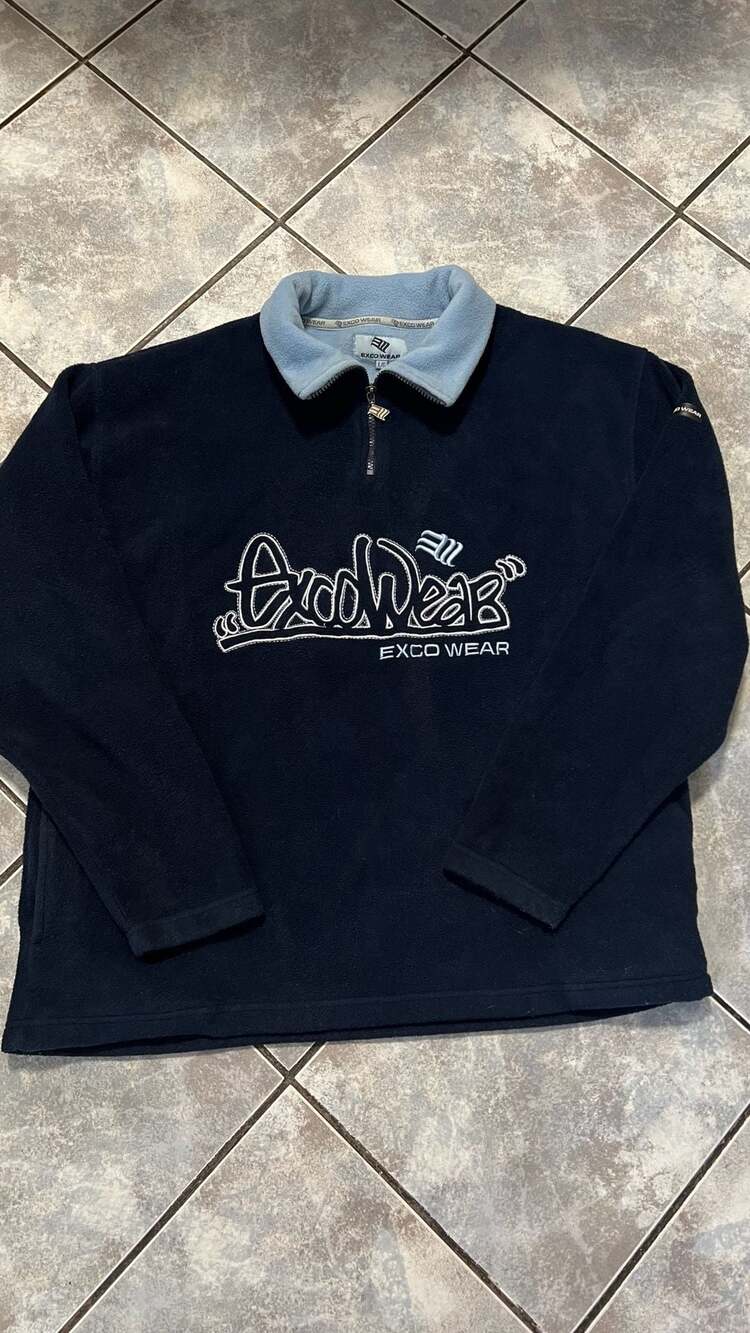 Vintage EXCO WEAR 1/4 Zip Fleece Pullover Black Blue Large